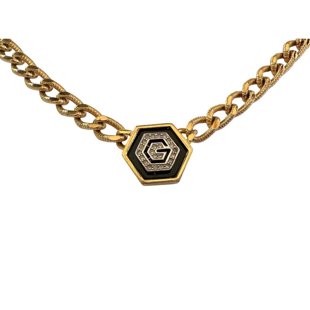 Givenchy Necklace with "G" in Hexagonal Pendant of Black Enamel and Rhinestones - Picture 6 of 15